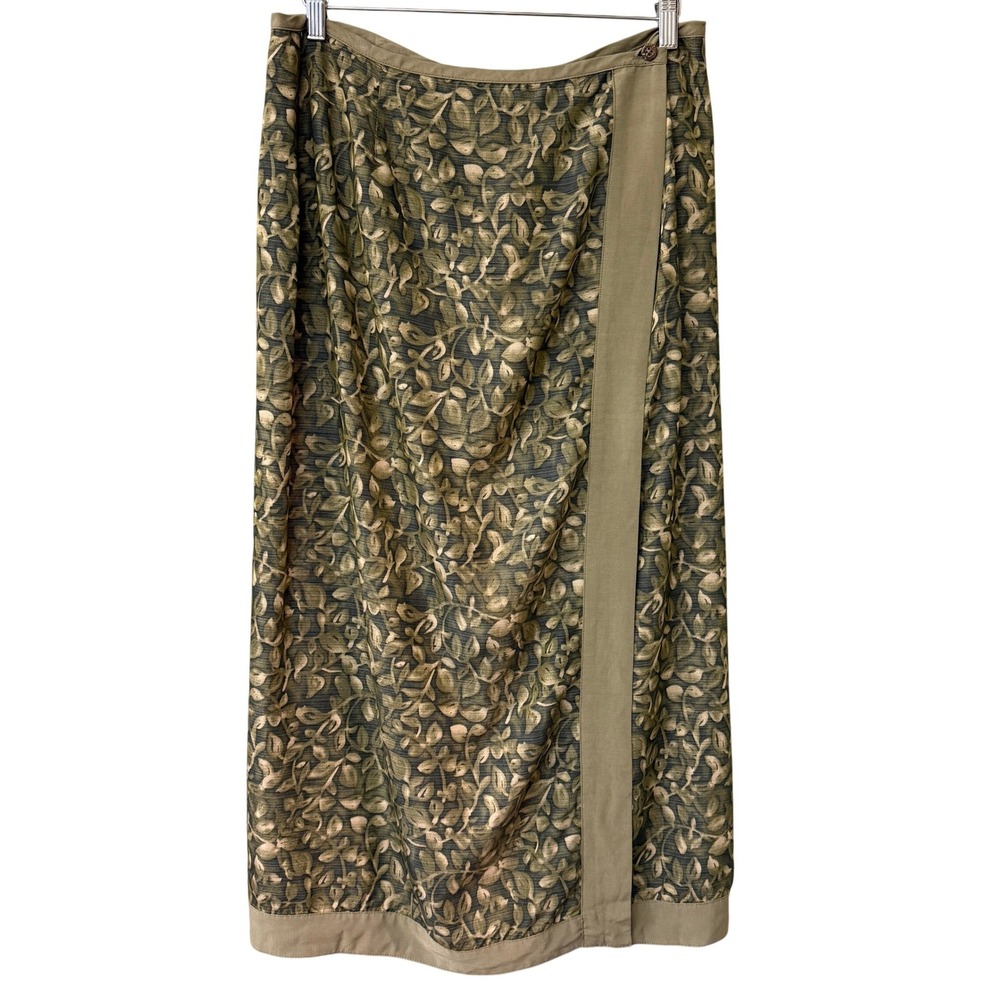Vintage Sportif USA Leaf Print Maxi Wrap Skirt Olive Green Linen Blend Size 12